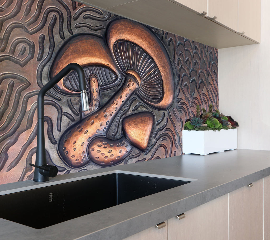 Bronze Mushroom Elegance - Glass Kitchen Backsplash-BacksplashArtworks