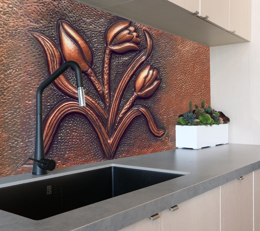 Copper Tulip Symphony - Tempered Glass Kitchen Backsplash-BacksplashArtworks