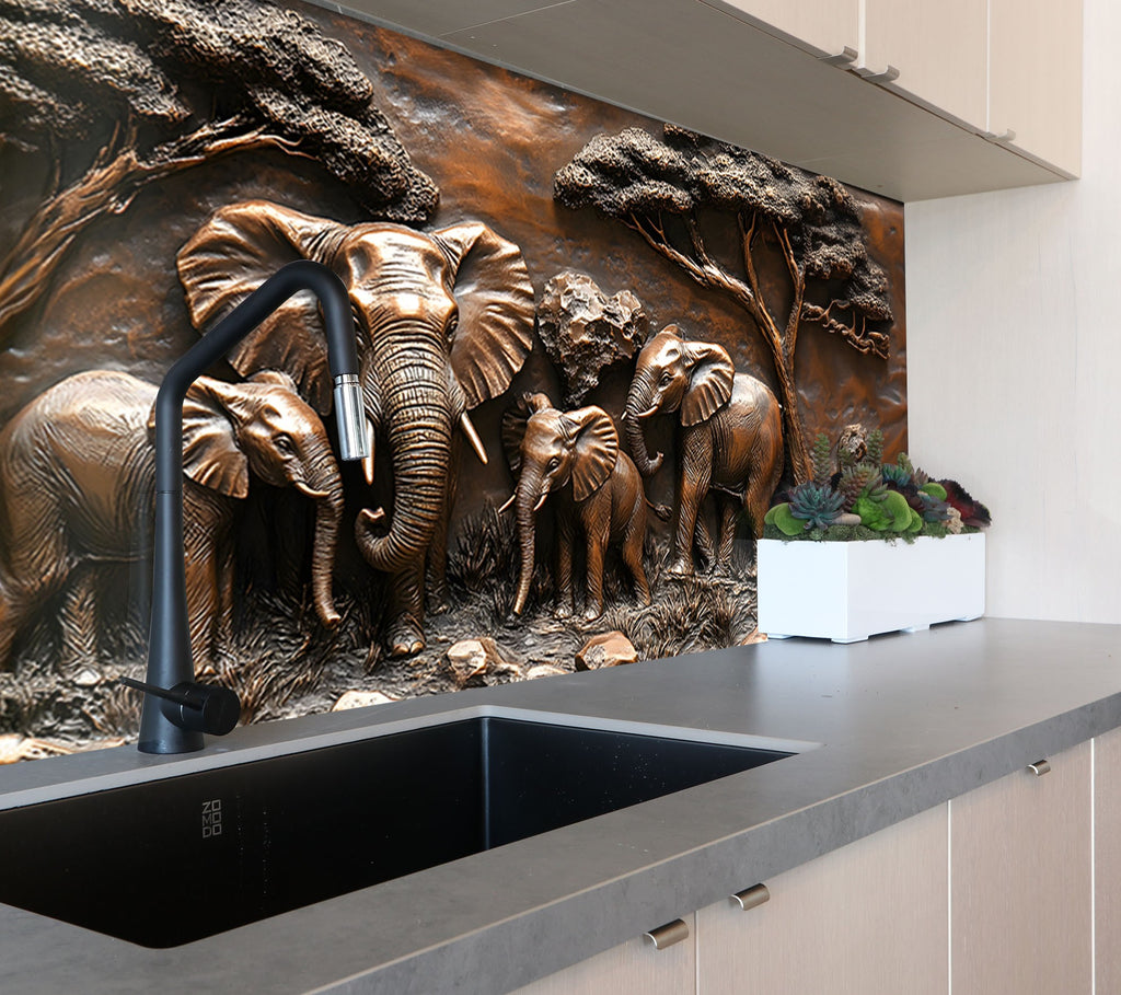 Majestic Elephant Family - Glass Kitchen Backsplash-BacksplashArtworks