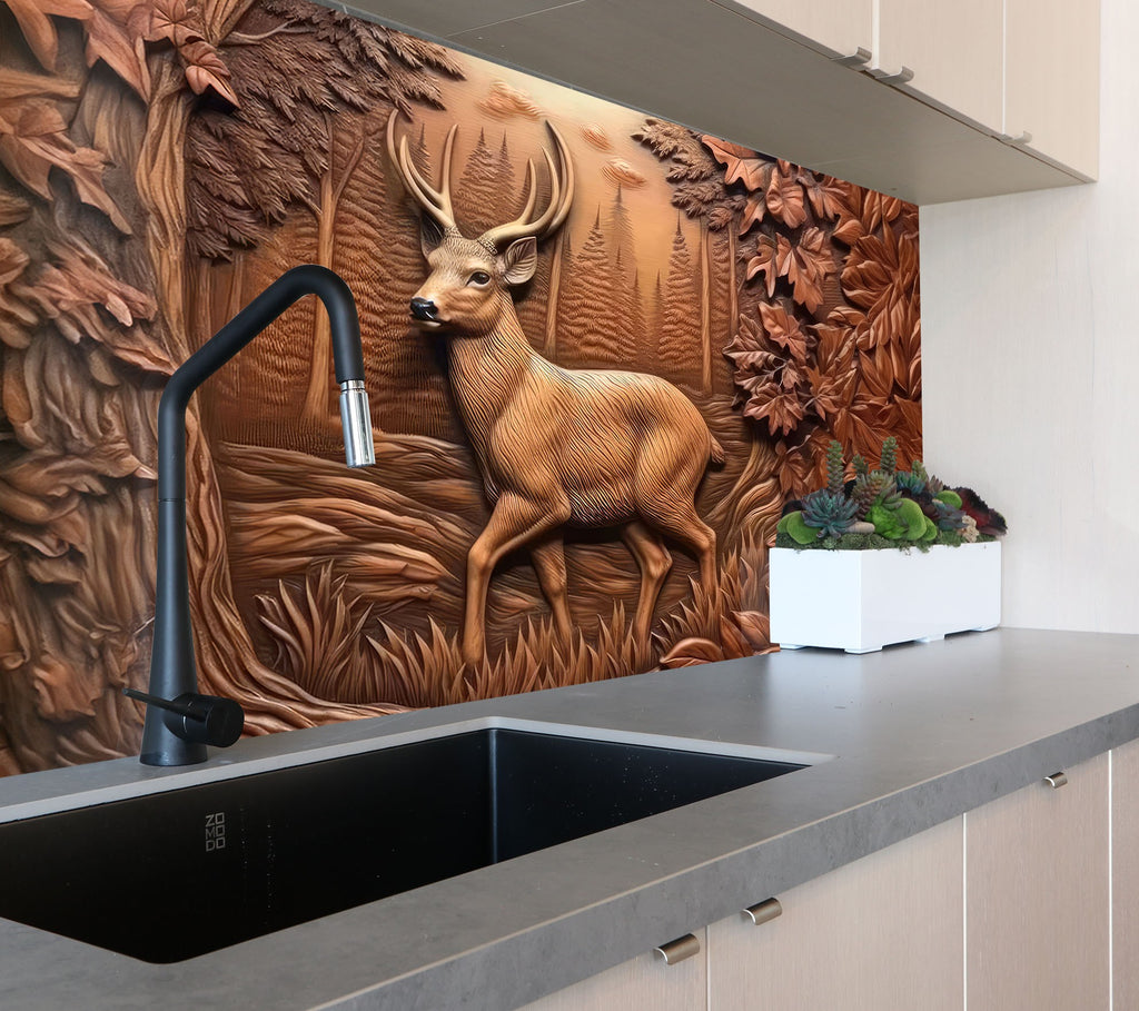 Majestic Deer Forest - Tempered Glass Kitchen Backsplash-BacksplashArtworks