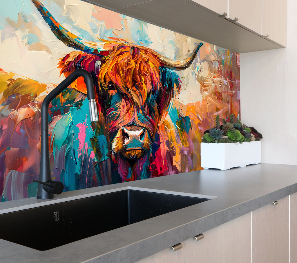 Vibrant Highland Cow - Tempered Glass Kitchen Backsplash-BacksplashArtworks