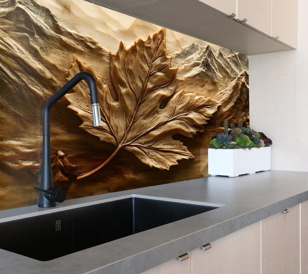 Rustic Maple Leaf - Glass Kitchen Backsplash-BacksplashArtworks