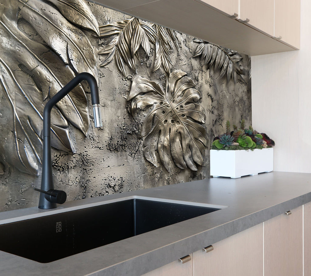 Silver Monstera Leaf - Glass Kitchen Backsplash-BacksplashArtworks