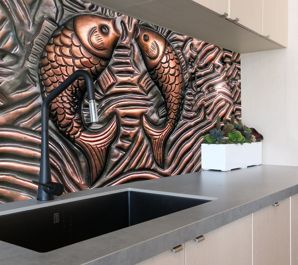 Feng Shui Koi Fish - Tempered Glass Kitchen Backsplash-BacksplashArtworks