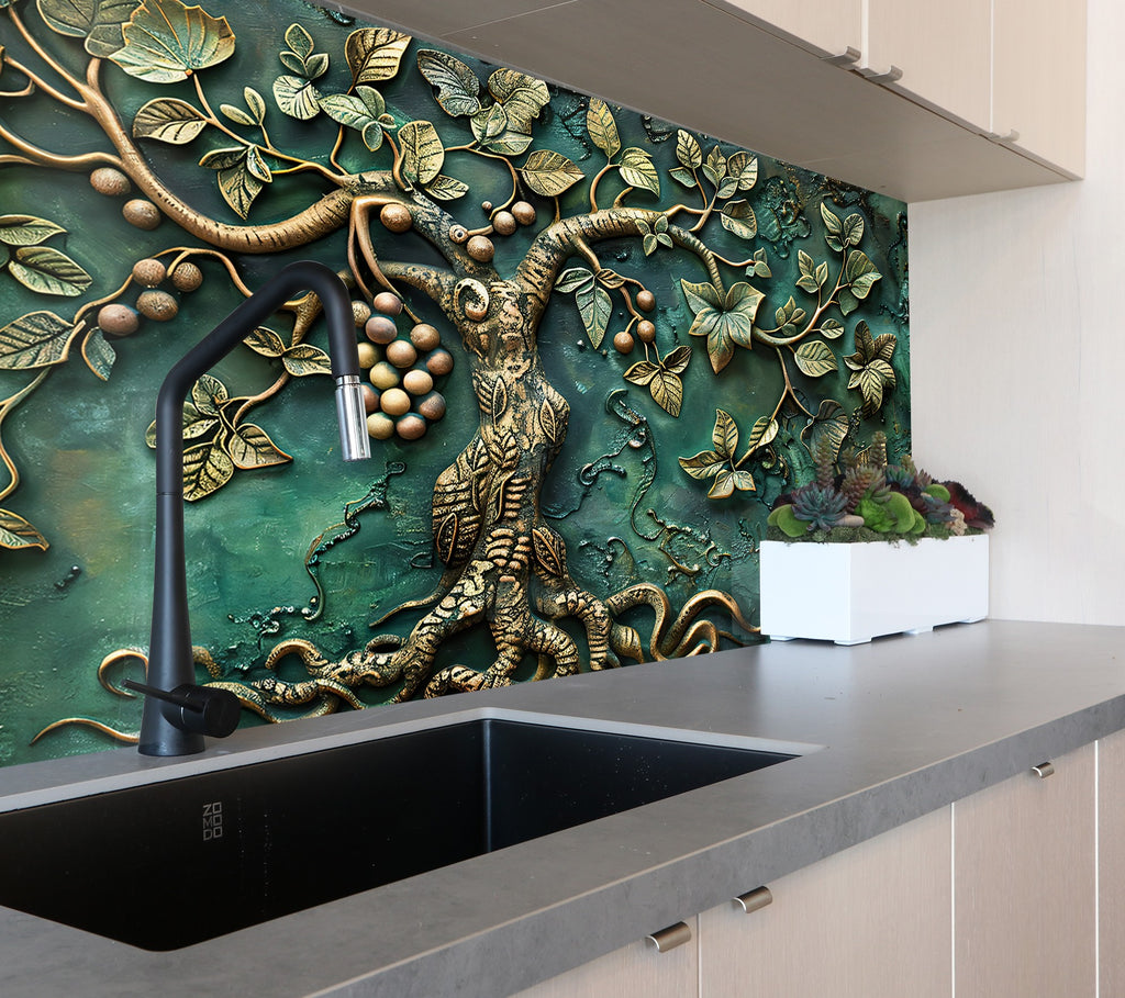 Bronze Tree of Life Stained - Glass Kitchen Backsplash-BacksplashArtworks