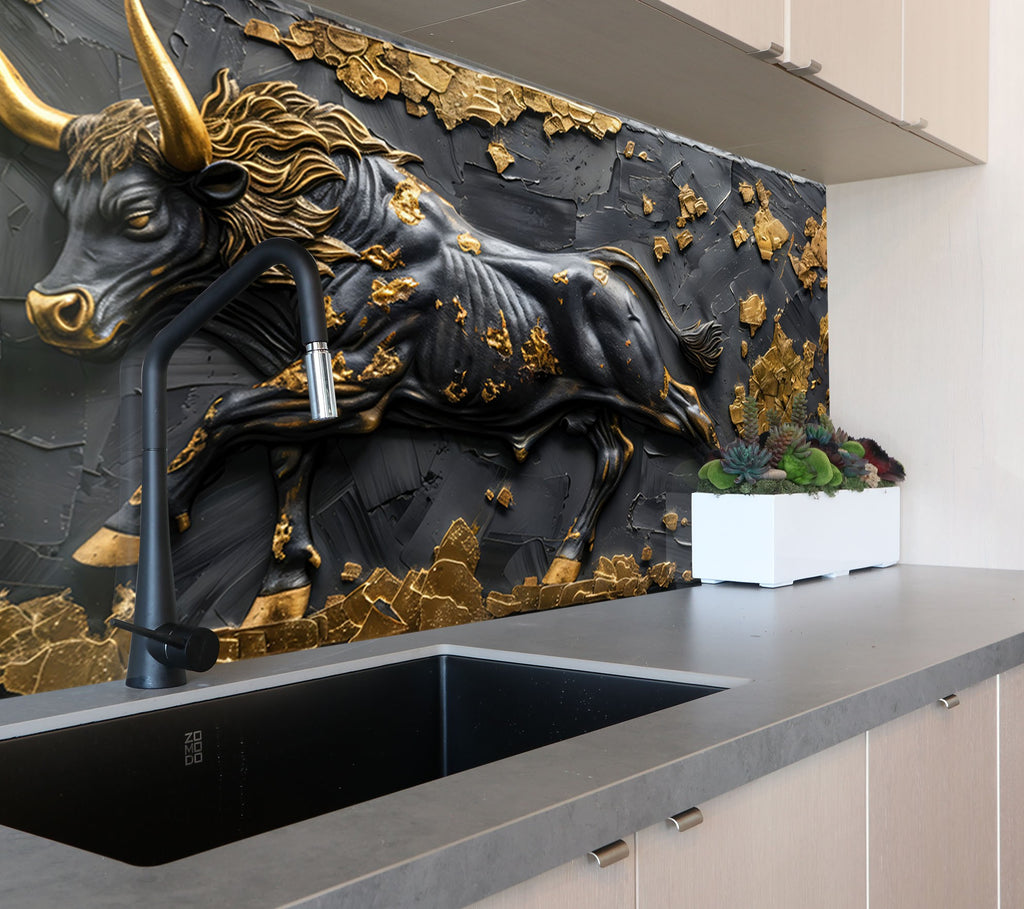 Golden Bull - Tempered Glass Kitchen Backsplash-BacksplashArtworks