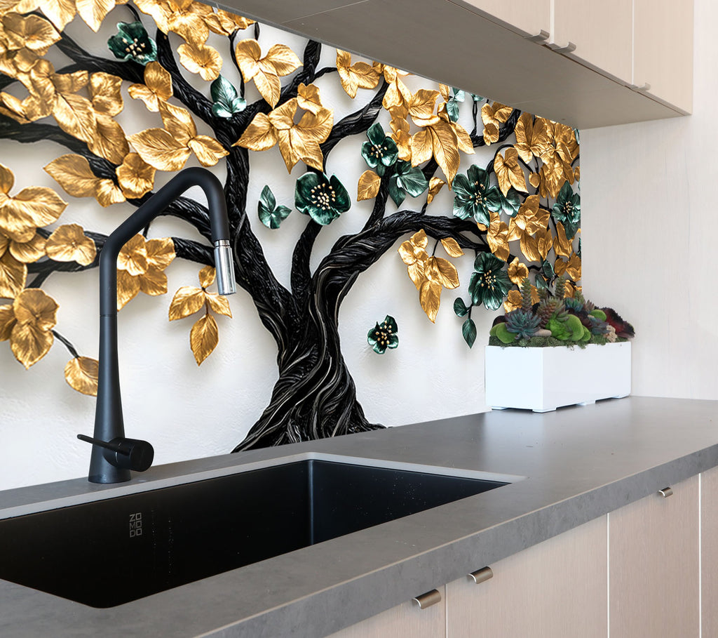 Golden & Brown Tree of Life - Glass Kitchen Backsplash-BacksplashArtworks