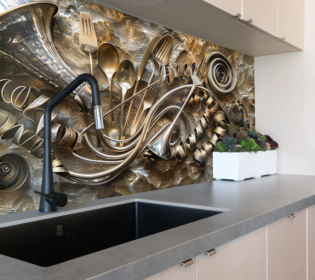 Golden Utensil Symphony - Glass Kitchen Backsplash-BacksplashArtworks