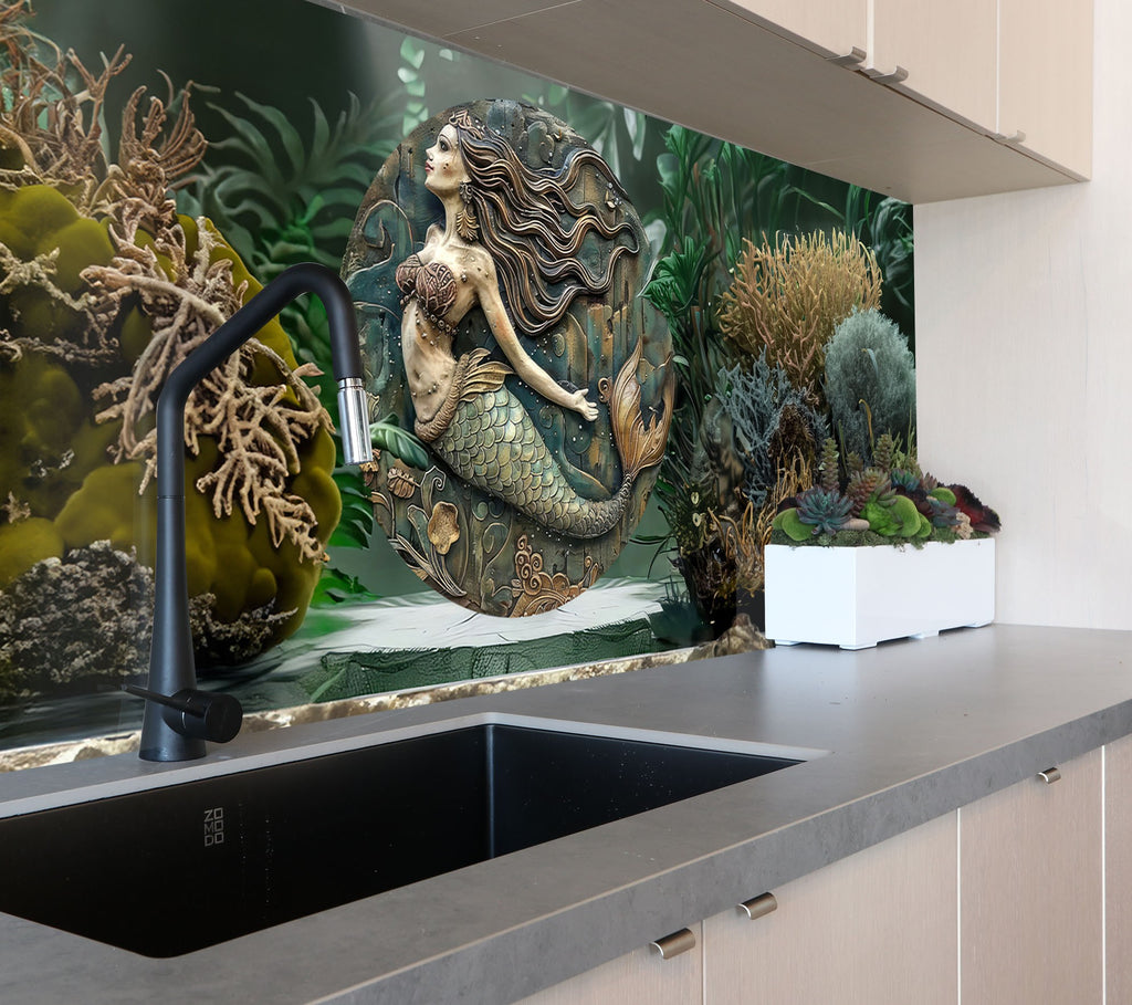 Vintage Mermaid - Glass Kitchen Backsplash-BacksplashArtworks