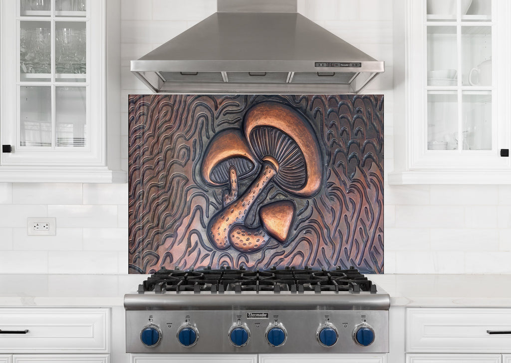 Bronze Mushroom Elegance - Glass Kitchen Backsplash-BacksplashArtworks