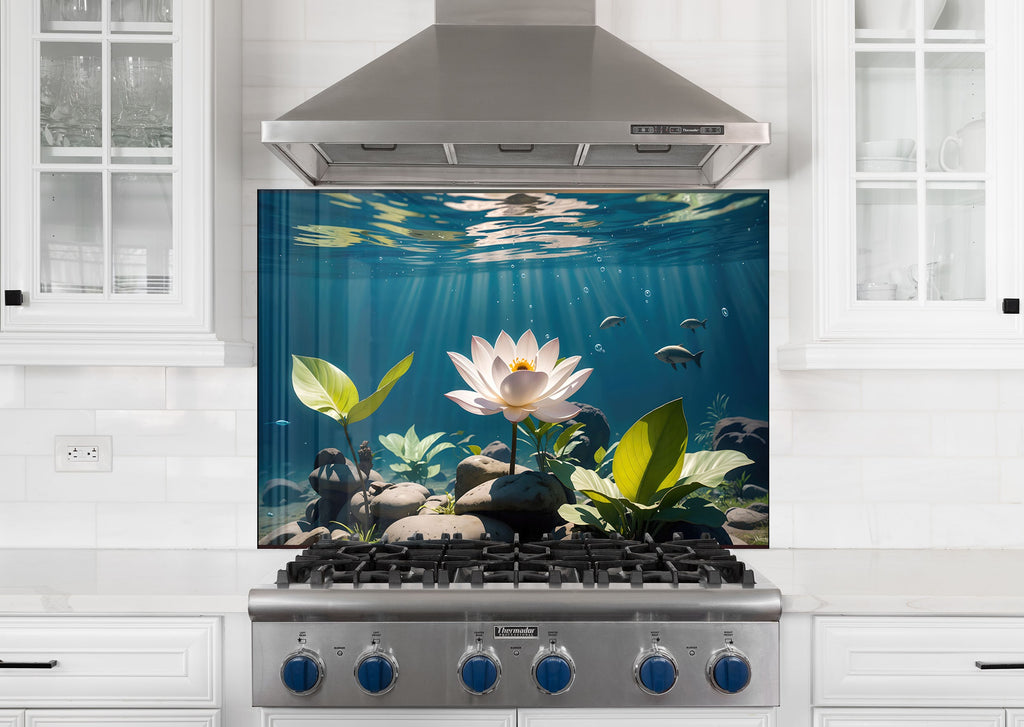 Tranquil Lotus Pond - Glass Kitchen Backsplash-BacksplashArtworks