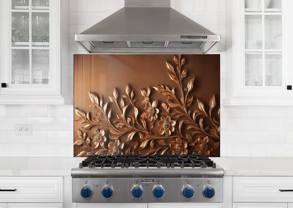 Bronze Floral Embossed - Glass Kitchen Backsplash-BacksplashArtworks