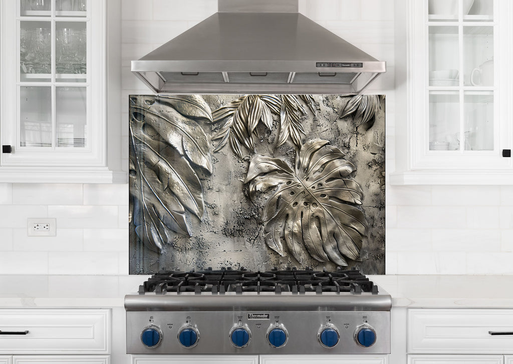 Silver Monstera Leaf - Glass Kitchen Backsplash-BacksplashArtworks