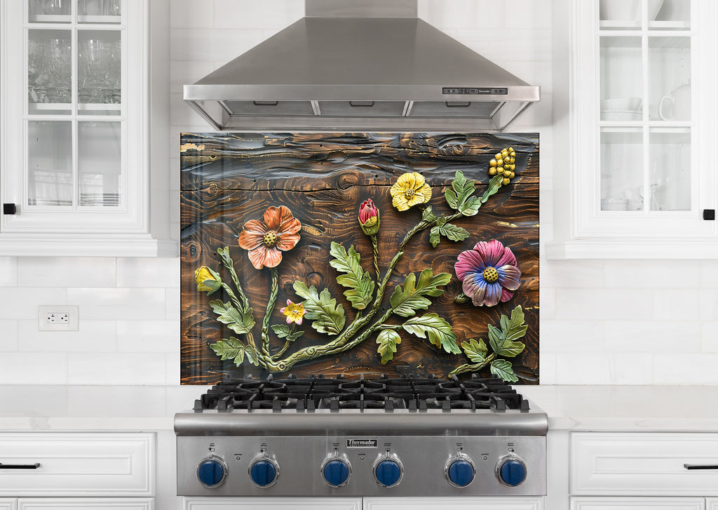 Rustic Botanical Wood Art - Glass Kitchen Backsplash-BacksplashArtworks