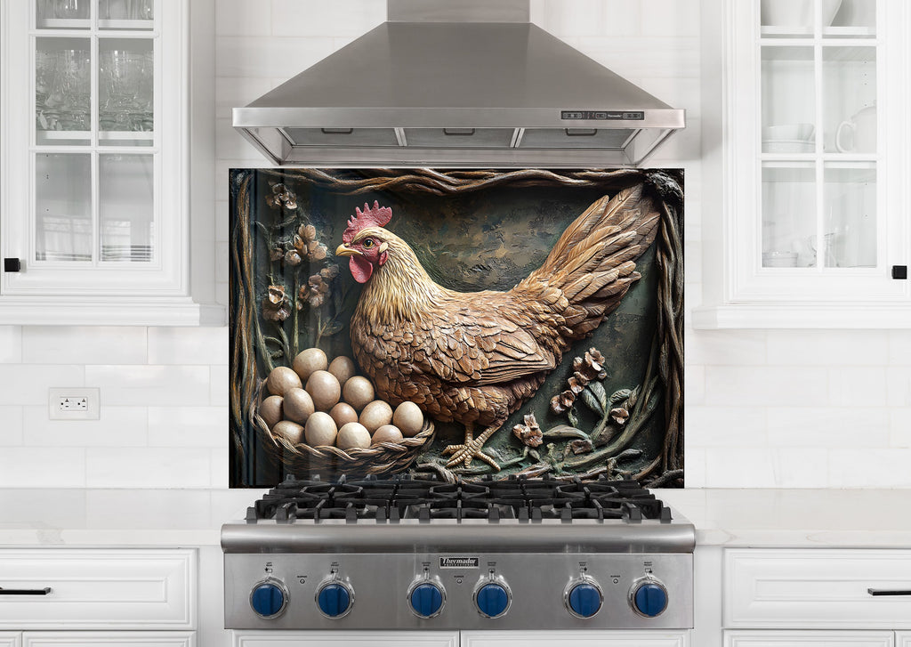 Rustic Farmhouse Hen - Glass Kitchen Backsplash-BacksplashArtworks