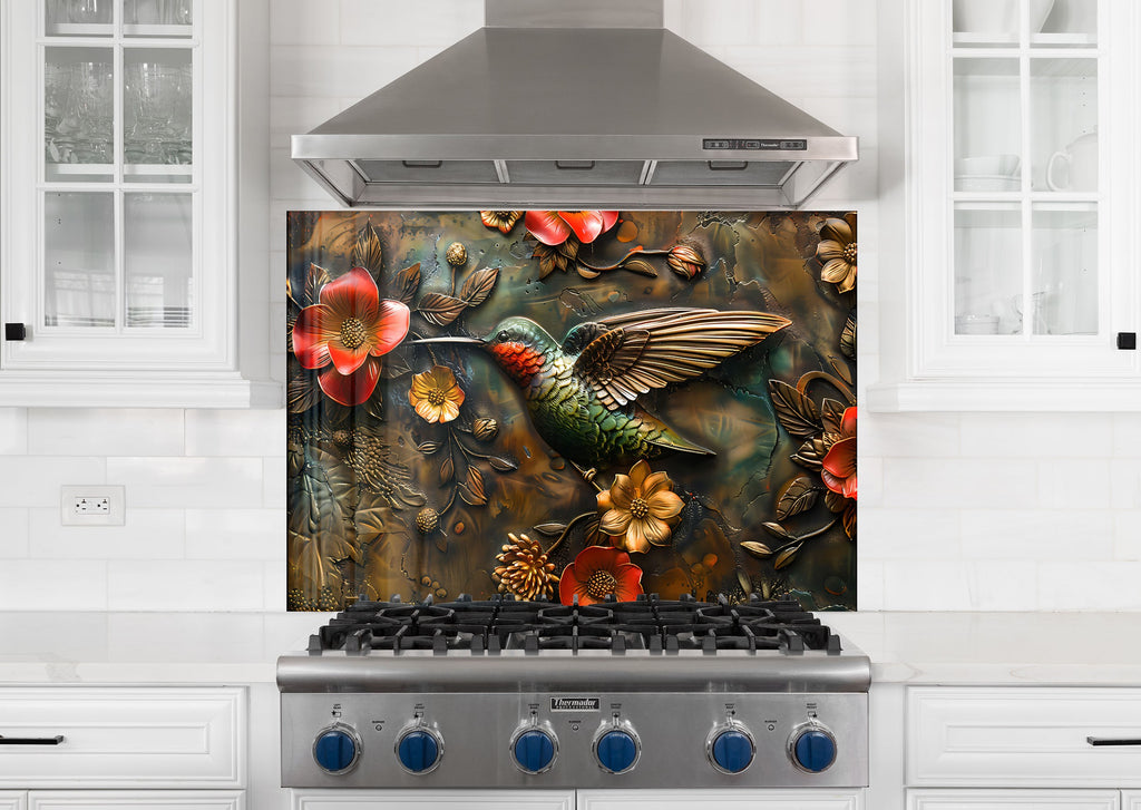 Hummingbird & Flowers - Glass Kitchen Backsplash-BacksplashArtworks