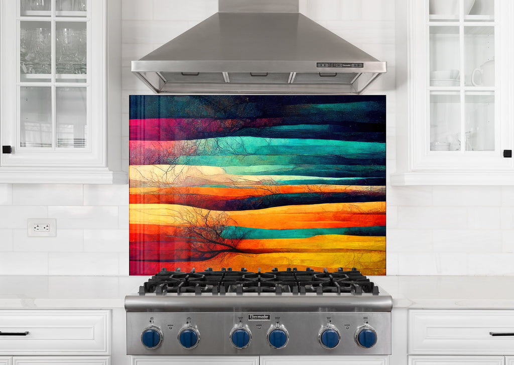Vibrant Abstract Landscape Wall Art - Tempered Glass Kitchen Backsplash-BacksplashArtworks