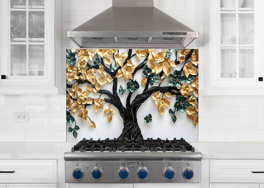 Golden & Brown Tree of Life - Glass Kitchen Backsplash-BacksplashArtworks