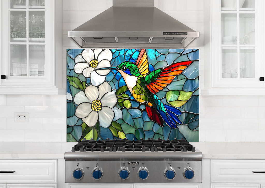 Stained Glass Hummingbird - Tempered Glass Kitchen Backsplash-BacksplashArtworks