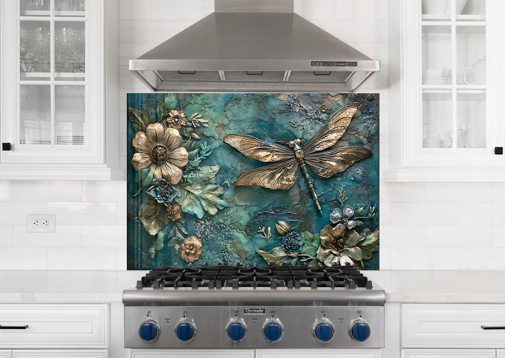 Golden Blue Dragonfly - Glass Kitchen Backsplash-BacksplashArtworks