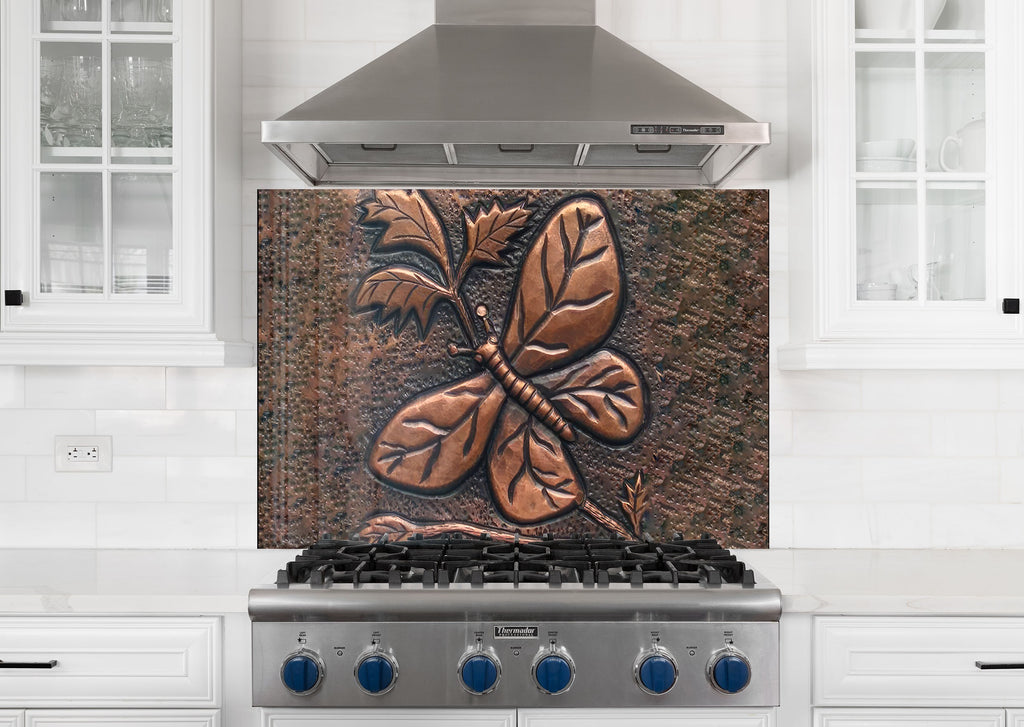 Rustic Copper Butterfly - Glass Kitchen Backsplash-BacksplashArtworks