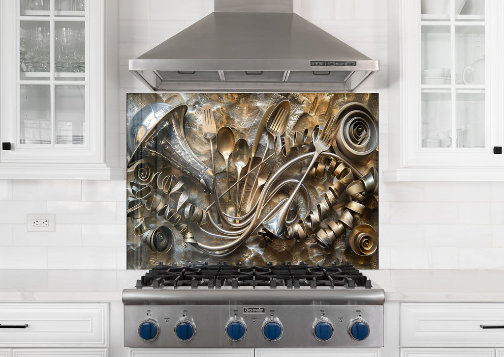 Golden Utensil Symphony - Glass Kitchen Backsplash-BacksplashArtworks