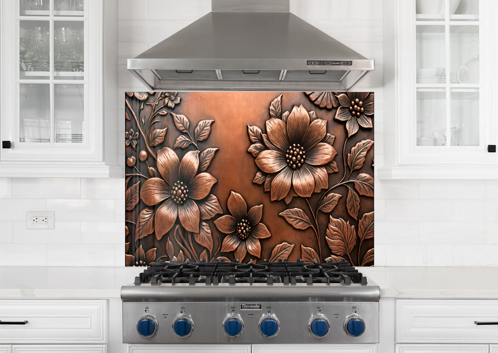 Antique Copper Floral - Glass Kitchen Backsplash-BacksplashArtworks