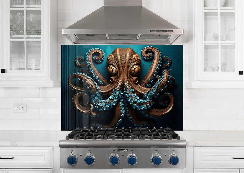 Majestic Octopus - Tempered Glass Kitchen Backsplash-BacksplashArtworks