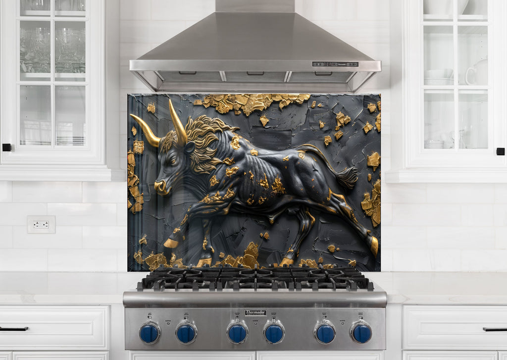 Golden Bull - Tempered Glass Kitchen Backsplash-BacksplashArtworks