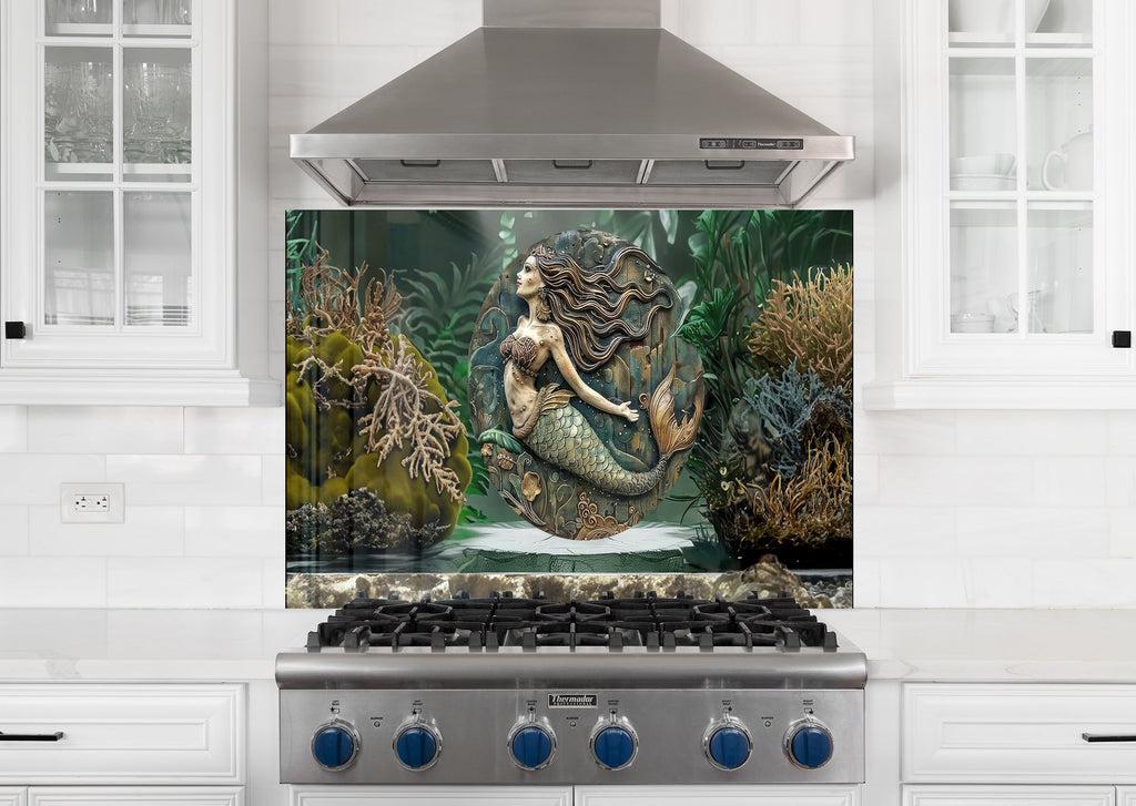 Vintage Mermaid - Glass Kitchen Backsplash-BacksplashArtworks
