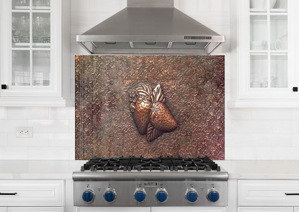 Elegant Strawberry Glass Kitchen Backsplash – Metallic Fruit Design-BacksplashArtworks