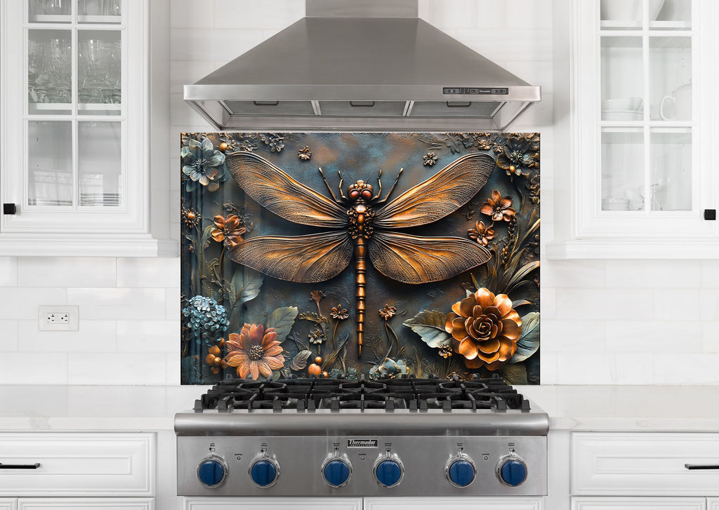 Vintage Bronze Dragonfly - Glass Kitchen Backsplash-BacksplashArtworks