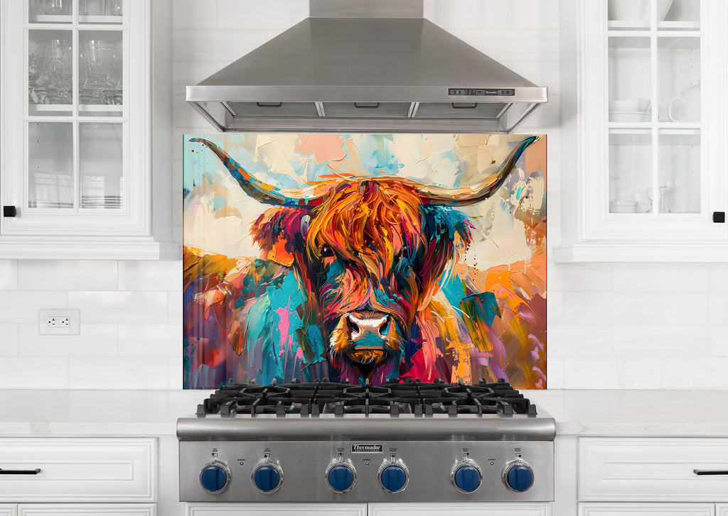 Vibrant Highland Cow - Tempered Glass Kitchen Backsplash-BacksplashArtworks