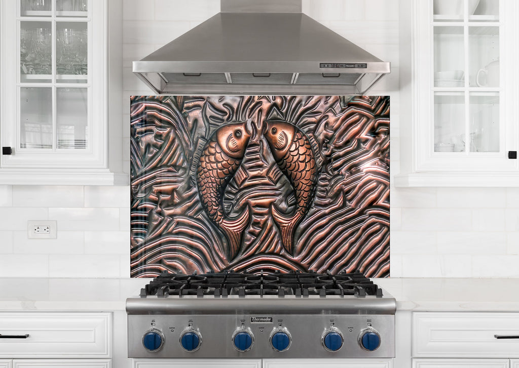 Feng Shui Koi Fish - Tempered Glass Kitchen Backsplash-BacksplashArtworks