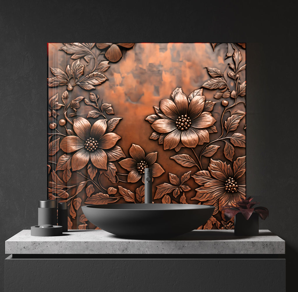 Antique Copper Floral - Glass Kitchen Backsplash-BacksplashArtworks