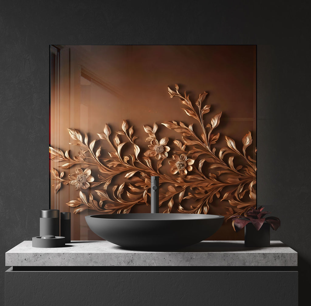 Bronze Floral Embossed - Glass Kitchen Backsplash-BacksplashArtworks