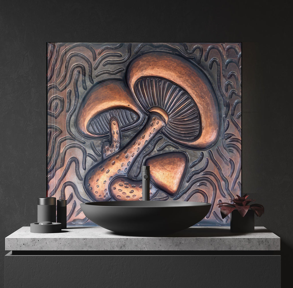 Bronze Mushroom Elegance - Glass Kitchen Backsplash-BacksplashArtworks