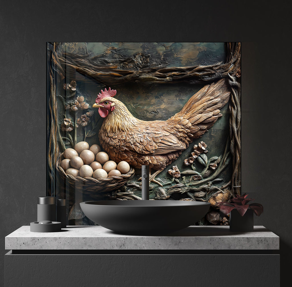 Rustic Farmhouse Hen - Glass Kitchen Backsplash-BacksplashArtworks