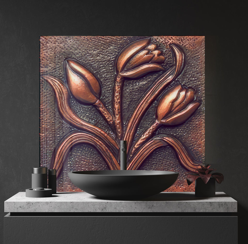 Copper Tulip Symphony - Tempered Glass Kitchen Backsplash-BacksplashArtworks
