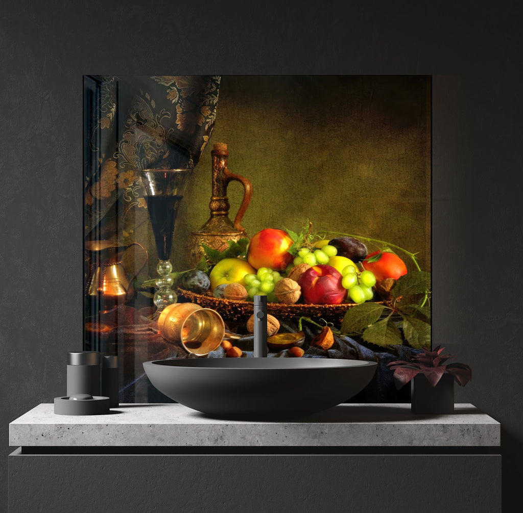 Rustic Fruit & Wine Glass Kitchen Backsplash – Vintage Harvest Design-BacksplashArtworks