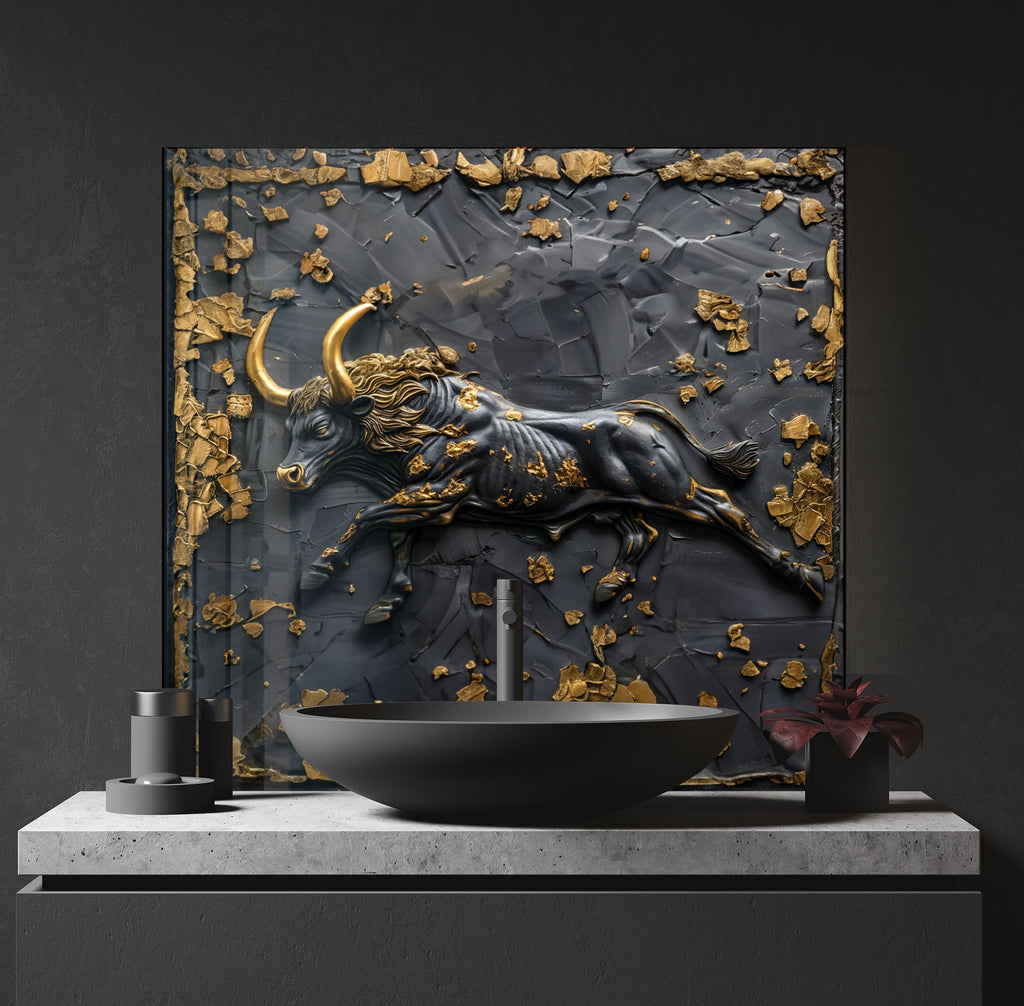 Golden Bull - Tempered Glass Kitchen Backsplash-BacksplashArtworks