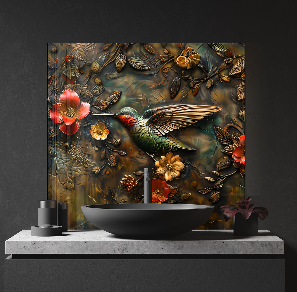 Hummingbird & Flowers - Glass Kitchen Backsplash-BacksplashArtworks