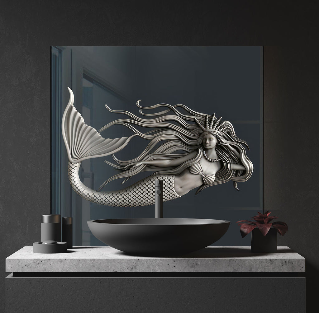 Silver Mermaid - Glass Kitchen Backsplash-BacksplashArtworks