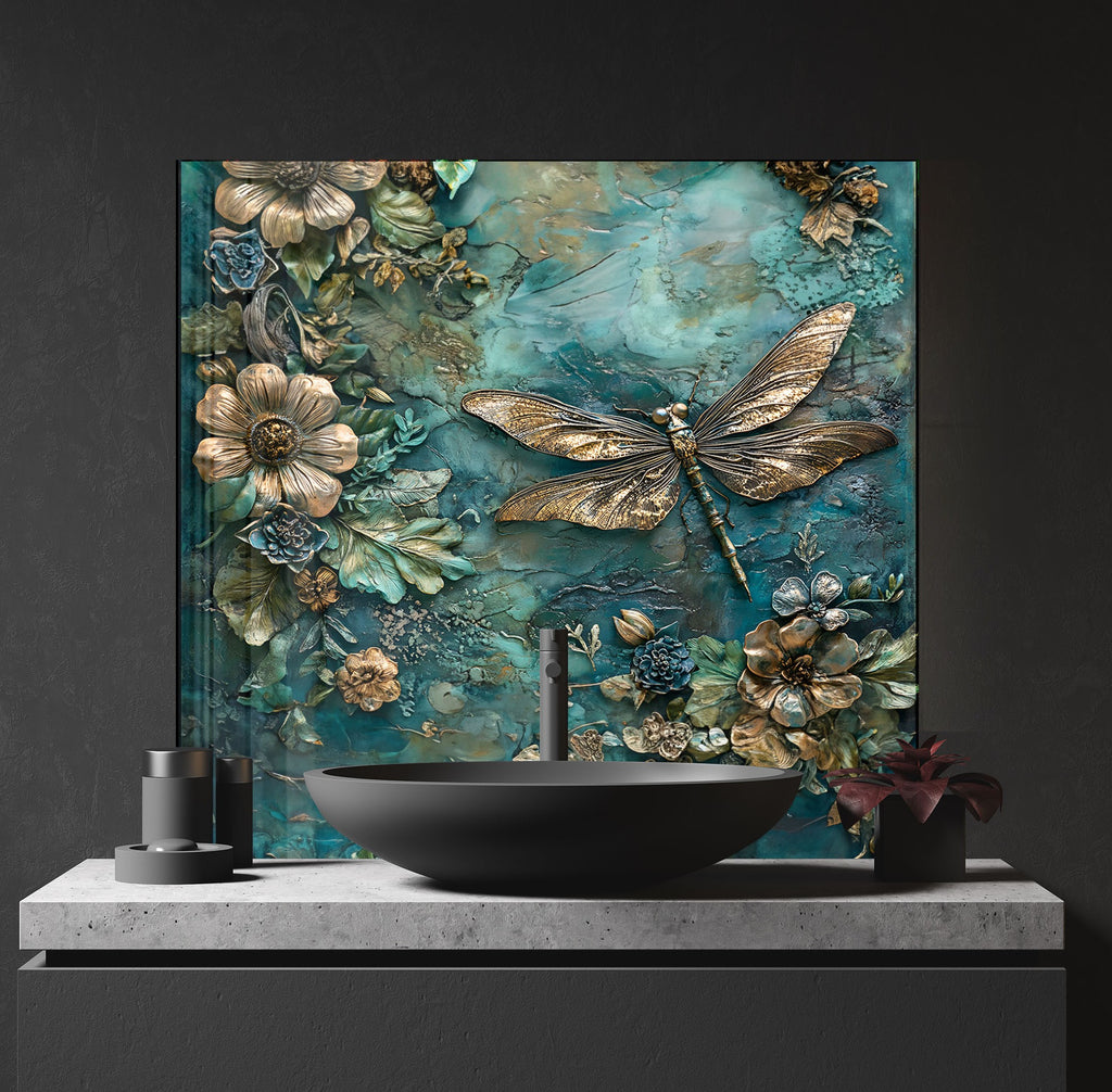 Golden Blue Dragonfly - Glass Kitchen Backsplash-BacksplashArtworks