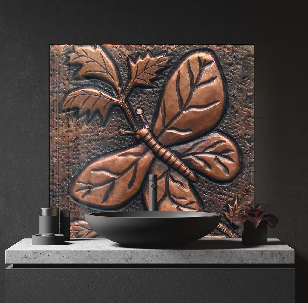 Rustic Copper Butterfly - Glass Kitchen Backsplash-BacksplashArtworks