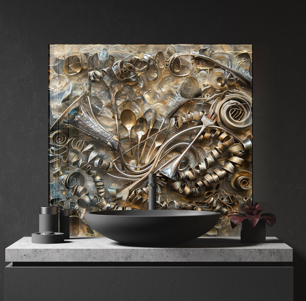 Golden Utensil Symphony - Glass Kitchen Backsplash-BacksplashArtworks