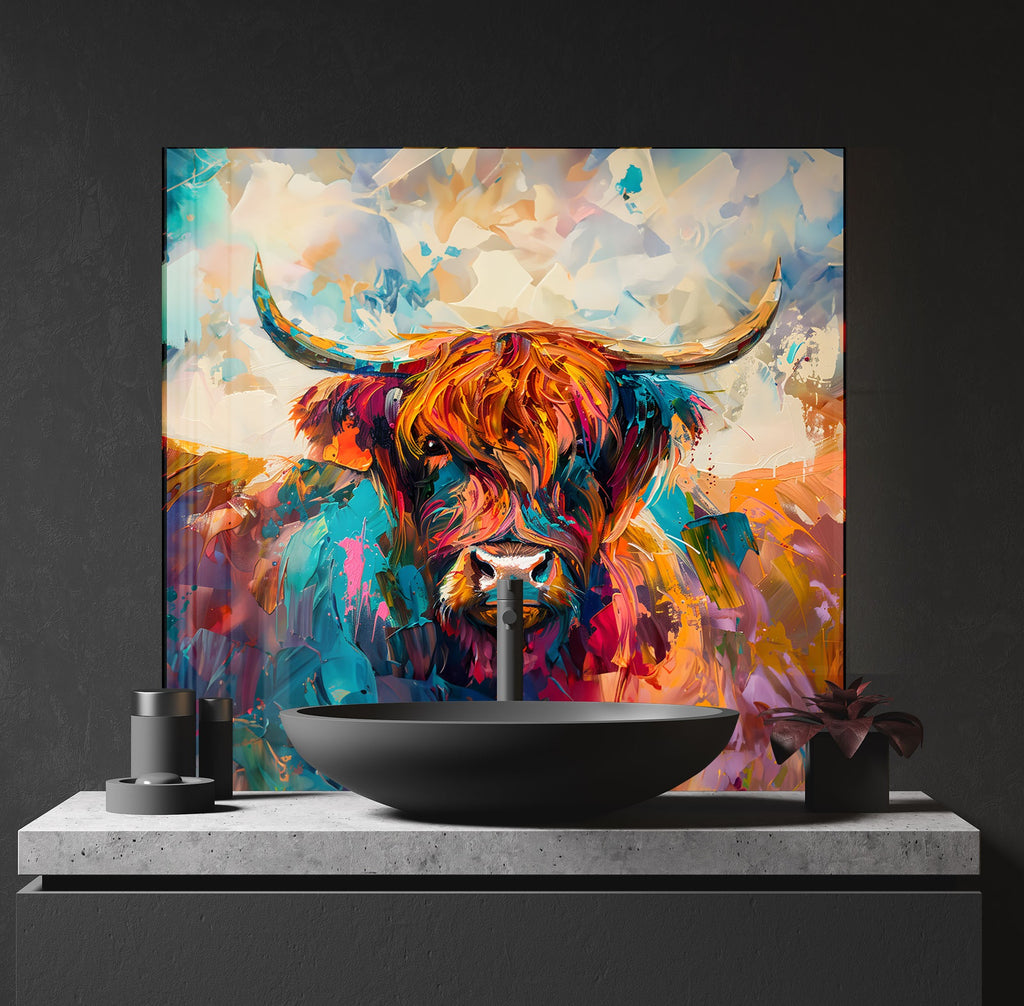 Vibrant Highland Cow - Tempered Glass Kitchen Backsplash-BacksplashArtworks