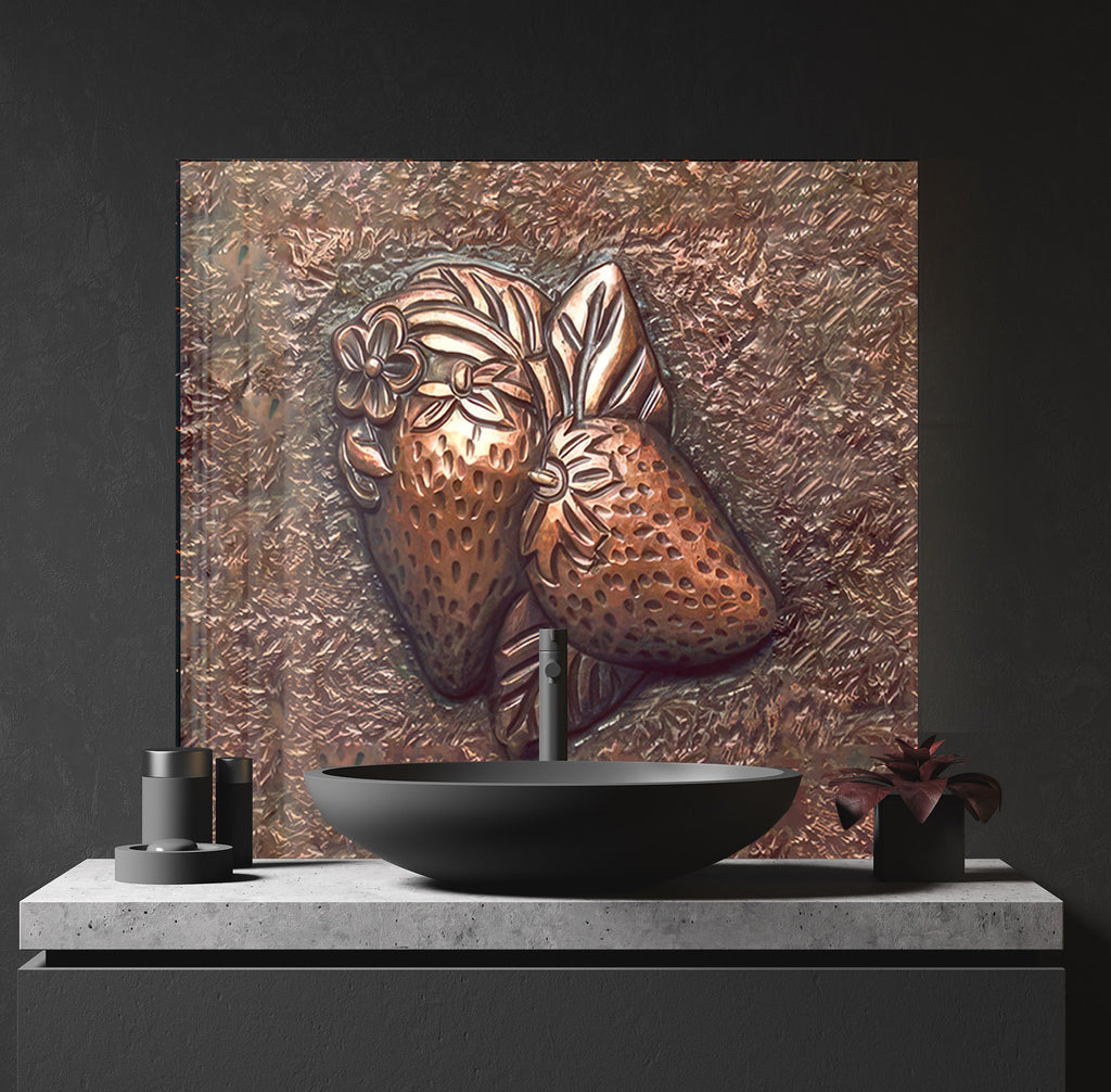 Elegant Strawberry Glass Kitchen Backsplash – Metallic Fruit Design-BacksplashArtworks