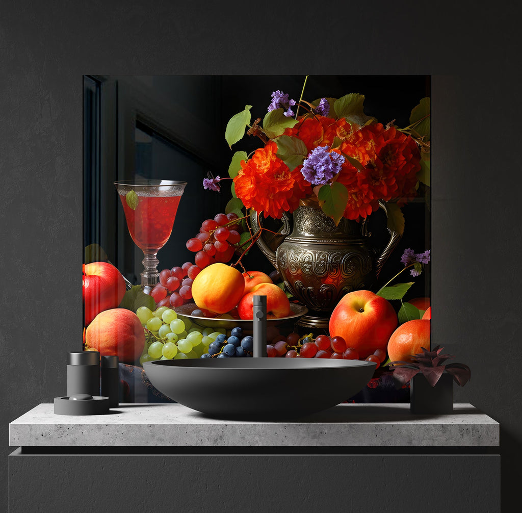 Elegant Fruit & Wine Glass Kitchen Backsplash – Vintage Harvest Design-BacksplashArtworks