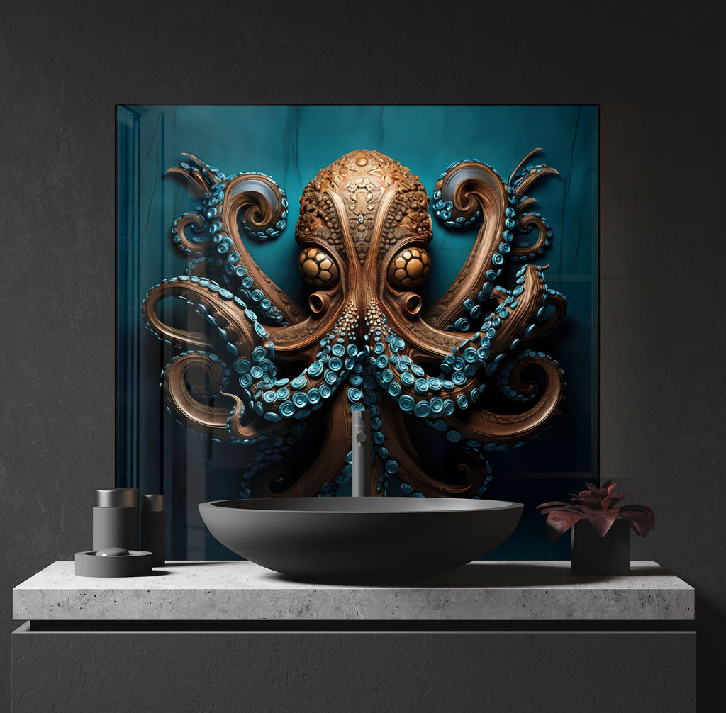 Majestic Octopus - Tempered Glass Kitchen Backsplash-BacksplashArtworks